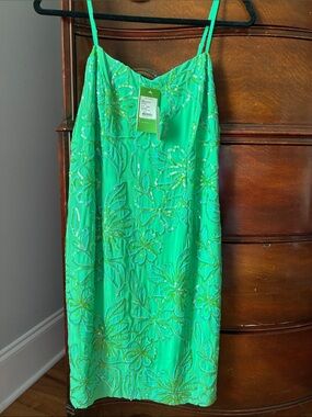 NWT Lilly Pulitzer Green Beaded Floral Slip Dress
